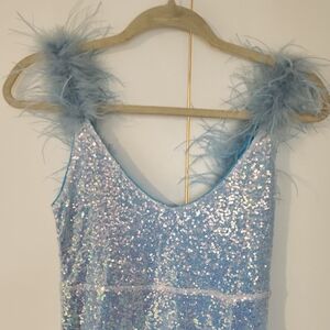 RAGA Sky Blue Dress with Feather Trim